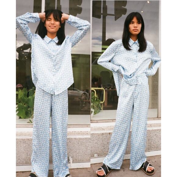 Lisa Says Gah Bailey Button Down Shirt & Wide Leg Pants Sleepwear Set Blue XS - Picture 1 of 8